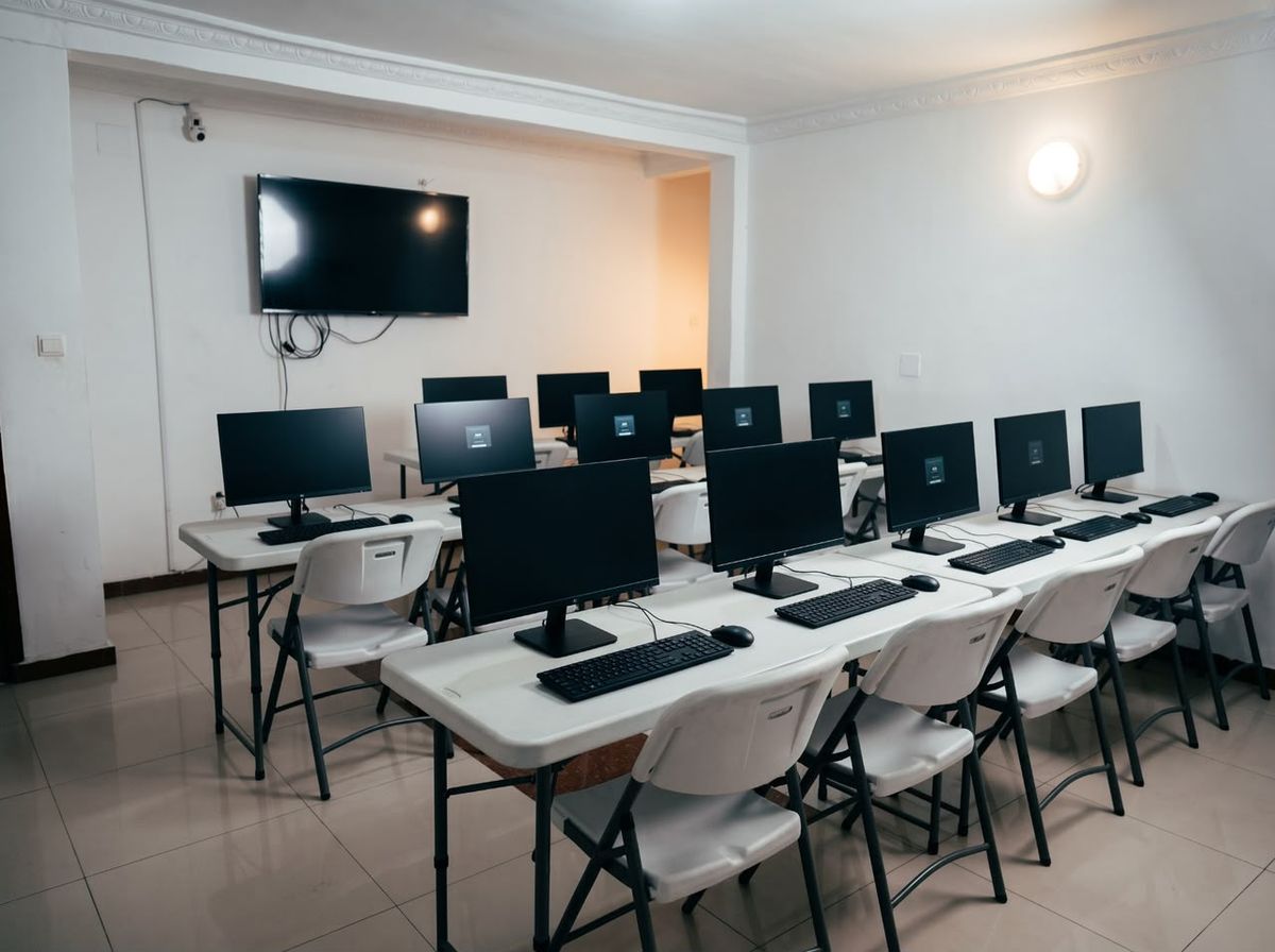 Row of desktop computers on wooden desks inside the Numeriq multimedia center, lit by daylight.
