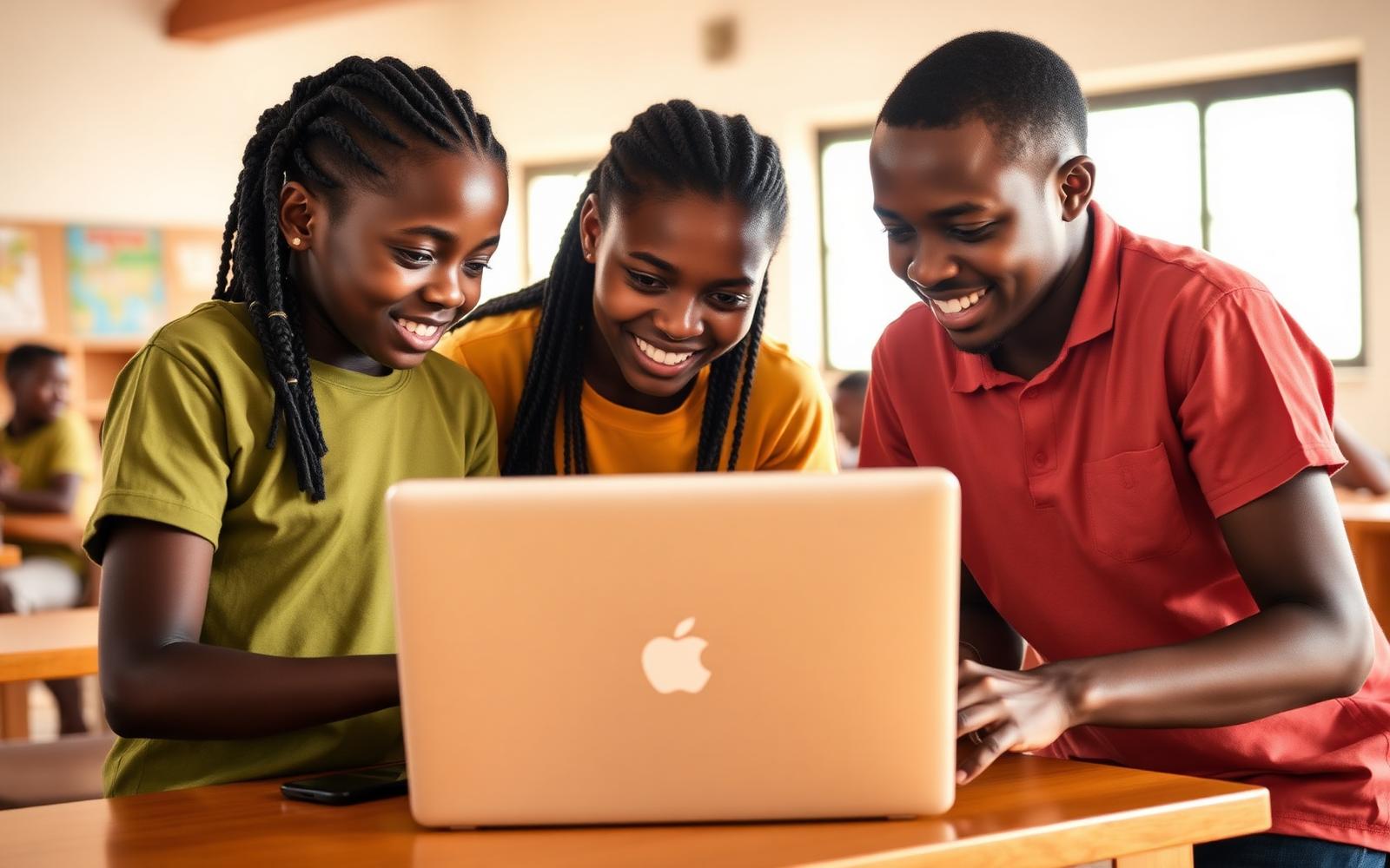 Two young learners and a facilitator smiling at a laptop screen in a bright community learning center.