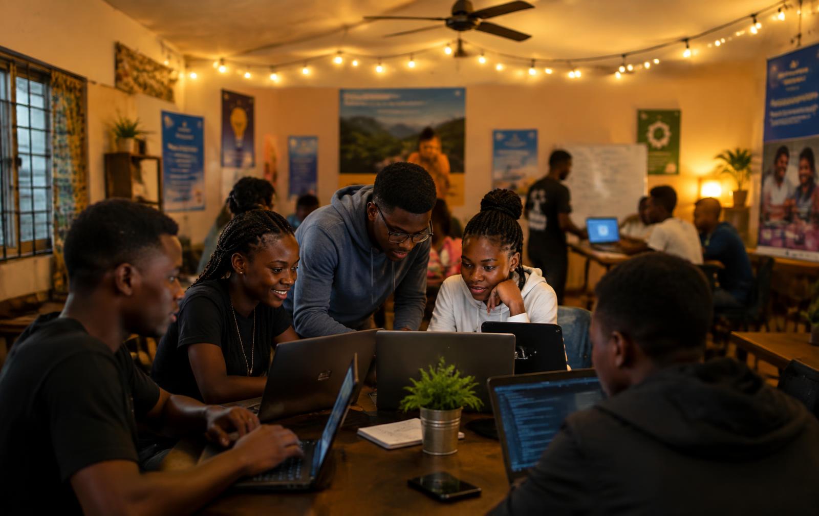 Young people collaborating around laptops in an evening youth tech hub in Central Africa