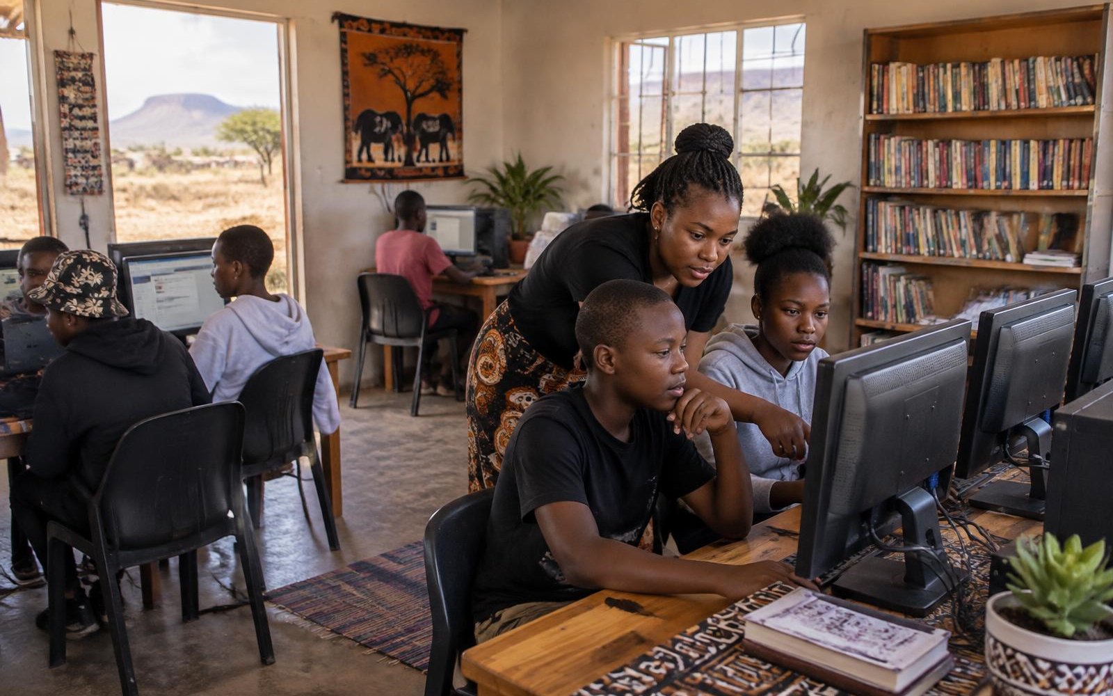 A facilitator guiding young learners at desktop computers in a community library in Southern Africa